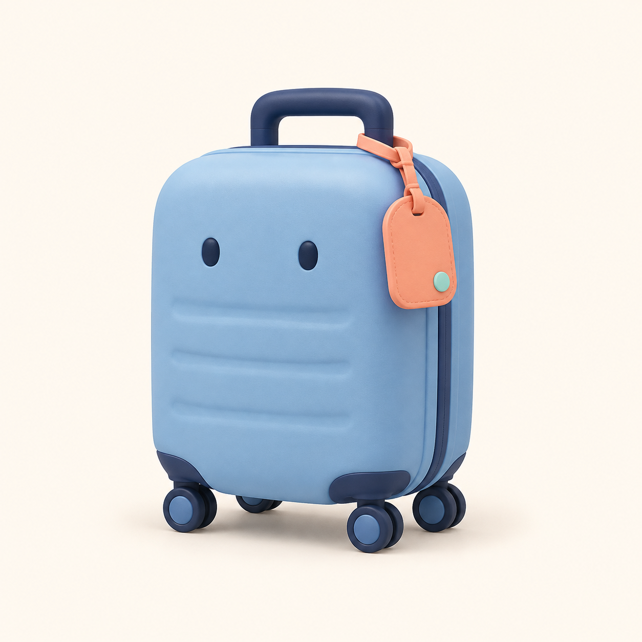 BUPHY's friendly blue suitcase with a peach luggage tag