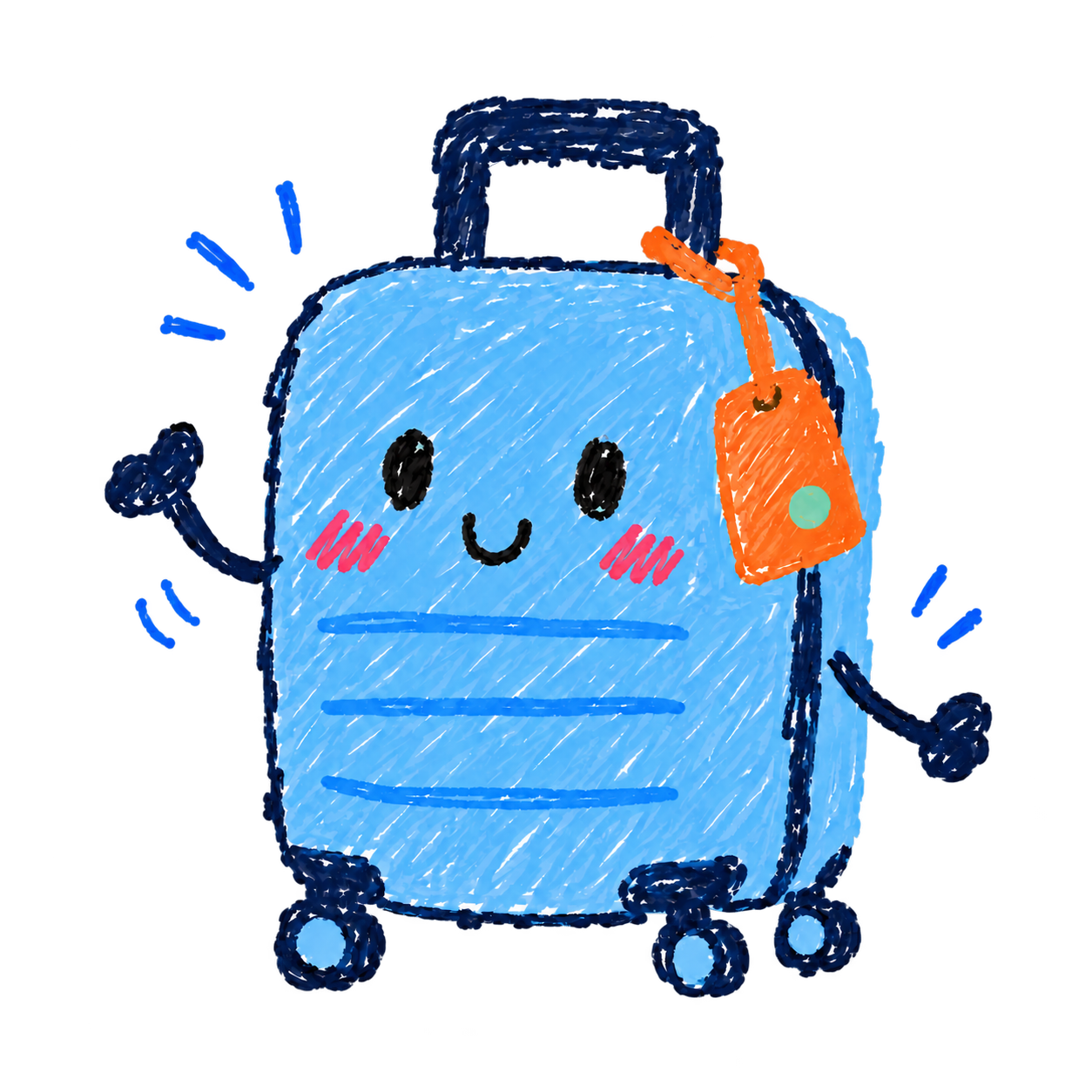 BUPHY's friendly hand-drawn blue suitcase with an orange luggage tag